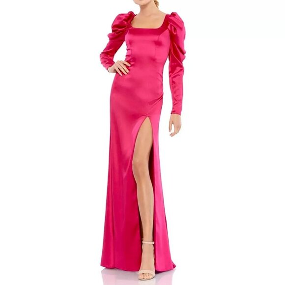 Ieena for Mac Duggal Puff Sleeve High Slit Formal Satin Gown Hot Pink Size 6 - Picture 1 of 10